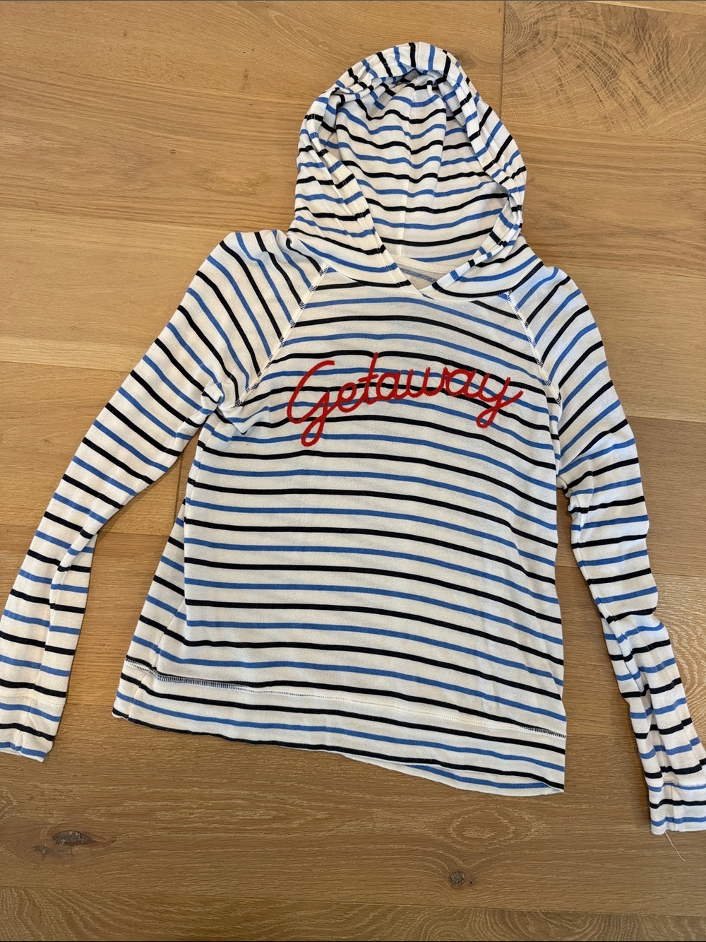 Sundry Striped Hooded Long Sleeve Women’s Top with Red 'Getaway' Script size 1